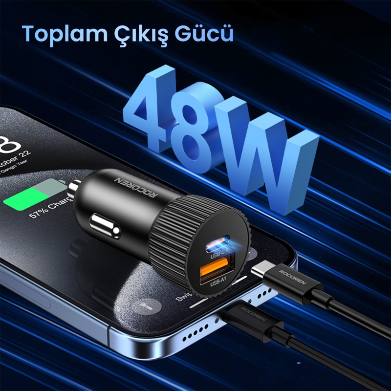 Rocoren 48W Çift Portlu USB Type-C ve USB-A Araç İçi Hızlı Şarj Cihazı - 2