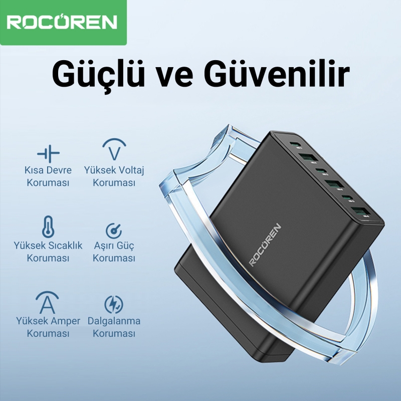 Rocoren 60W 3*Type-C ve 3*USB-A 6 Portlu Şarj Cihazı Masaüstü Şarj İstasyonu - 3