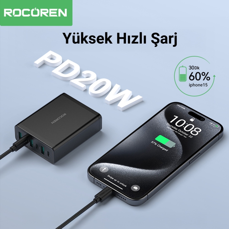 Rocoren 60W 3*Type-C ve 3*USB-A 6 Portlu Şarj Cihazı Masaüstü Şarj İstasyonu - 5