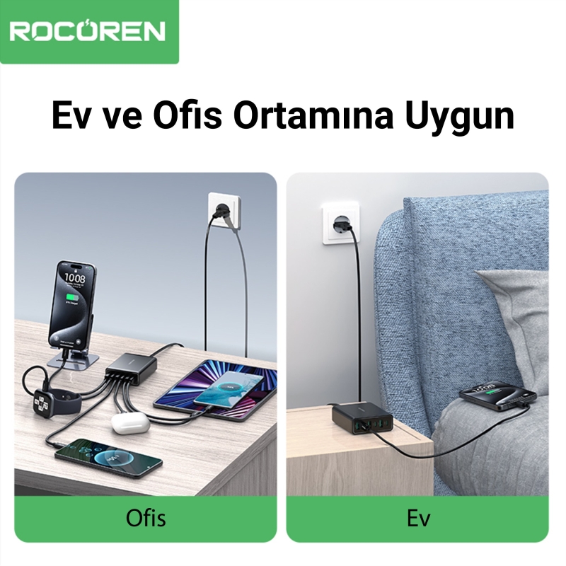 Rocoren 60W 3*Type-C ve 3*USB-A 6 Portlu Şarj Cihazı Masaüstü Şarj İstasyonu - 6