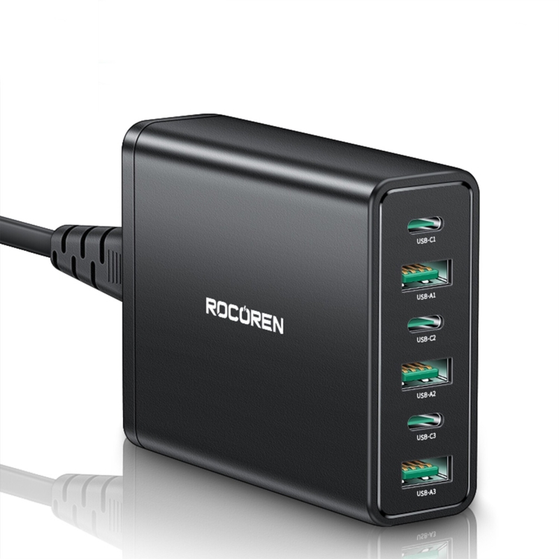 Rocoren 60W 3*Type-C ve 3*USB-A 6 Portlu Şarj Cihazı Masaüstü Şarj İstasyonu - 1