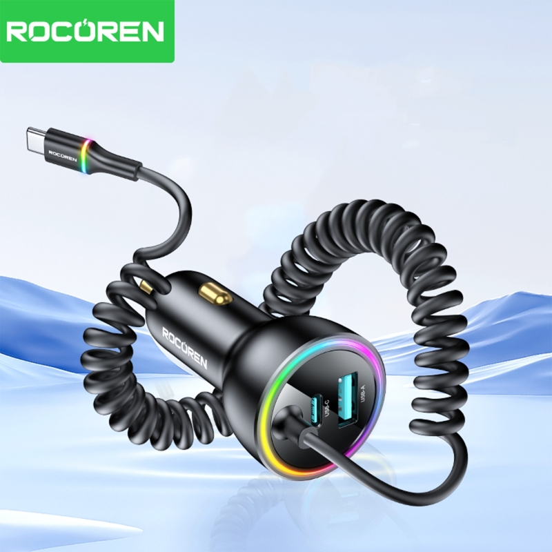 Rocoren 70W 3 Portlu 2*Type-C 1*USB-A Spiral Kablolu LED Işıklı Araç İçi Hızlı Şarj Cihazı - 3