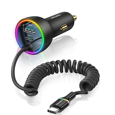 Rocoren 70W 3 Portlu 2*Type-C 1*USB-A Spiral Kablolu LED Işıklı Araç İçi Hızlı Şarj Cihazı - Rocoren