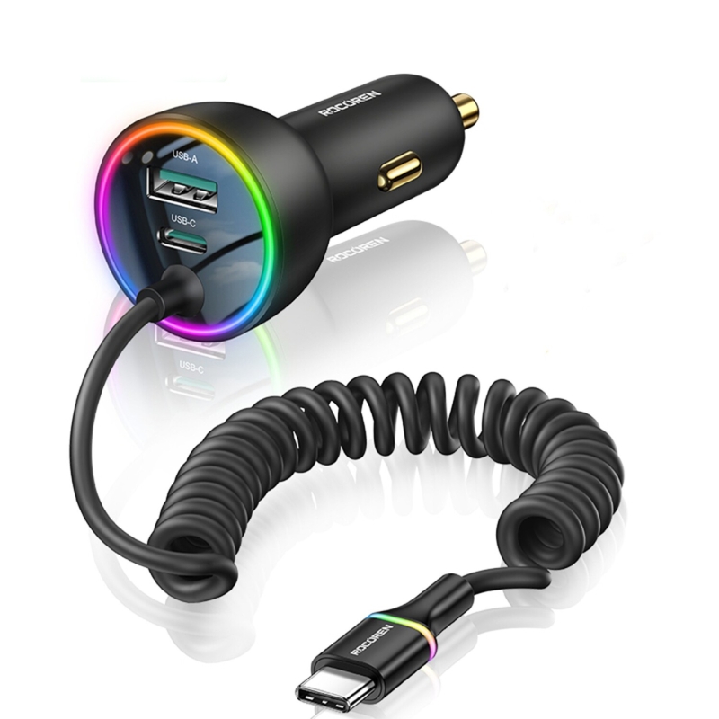 Rocoren 70W 3 Portlu 2*Type-C 1*USB-A Spiral Kablolu LED Işıklı Araç İçi Hızlı Şarj Cihazı - 1