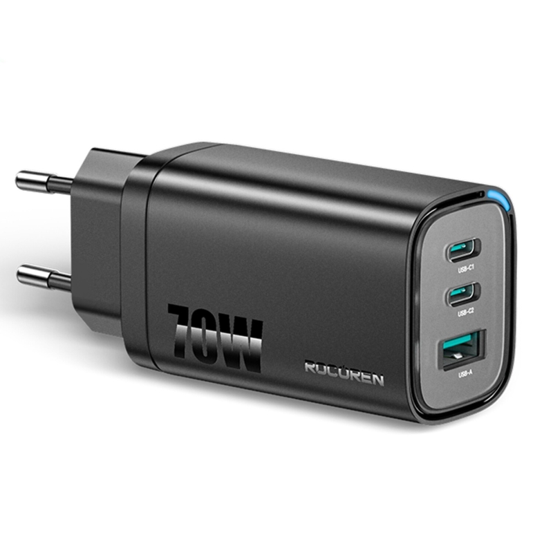 Rocoren 70W GaN Şarj Cihazı Type-C ve USB-A 3-Portlu Hızlı Şarj Aleti - 1