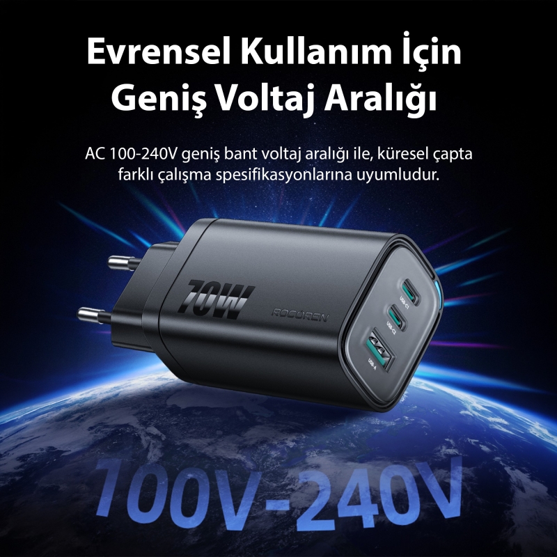 Rocoren 70W GaN Şarj Cihazı Type-C ve USB-A 3-Portlu Hızlı Şarj Aleti - 4
