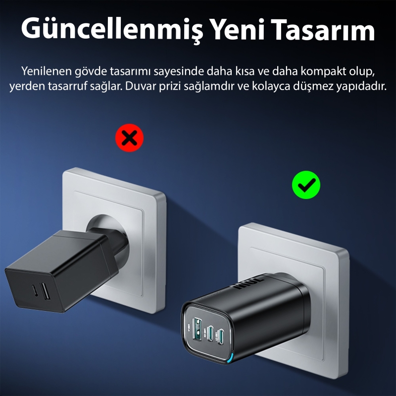 Rocoren 70W GaN Şarj Cihazı Type-C ve USB-A 3-Portlu Hızlı Şarj Aleti - 5