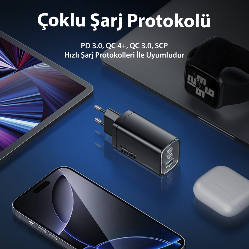 Rocoren 70W GaN Şarj Cihazı Type-C ve USB-A 3-Portlu Hızlı Şarj Aleti - 6