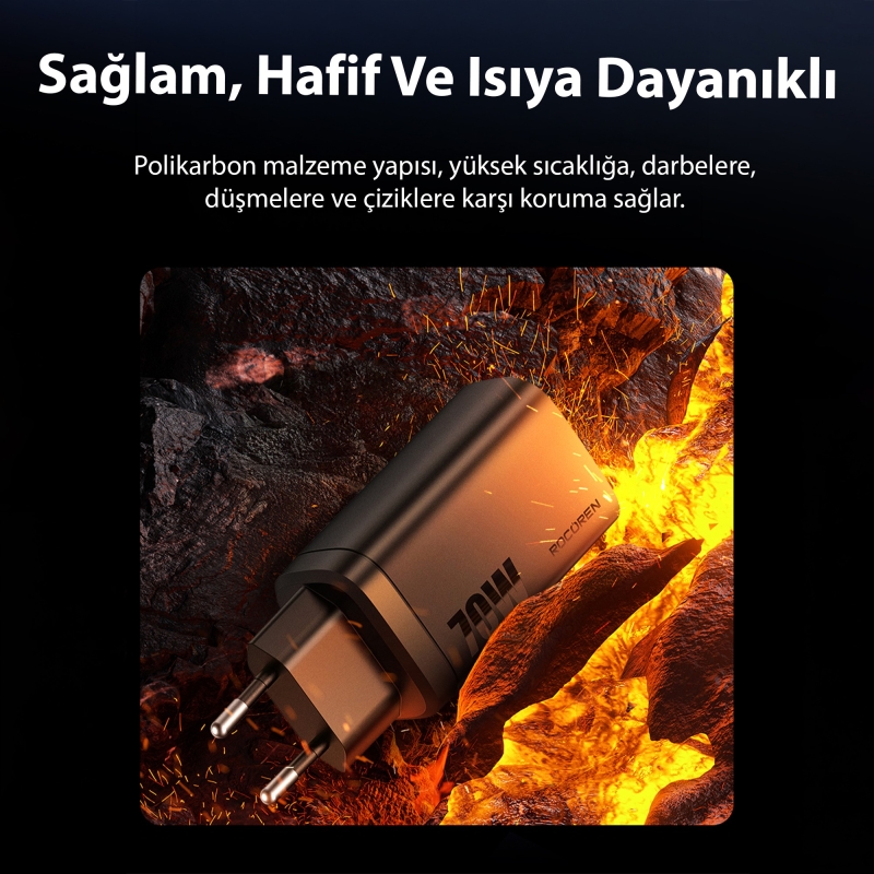 Rocoren 70W GaN Şarj Cihazı Type-C ve USB-A 3-Portlu Hızlı Şarj Aleti - 7