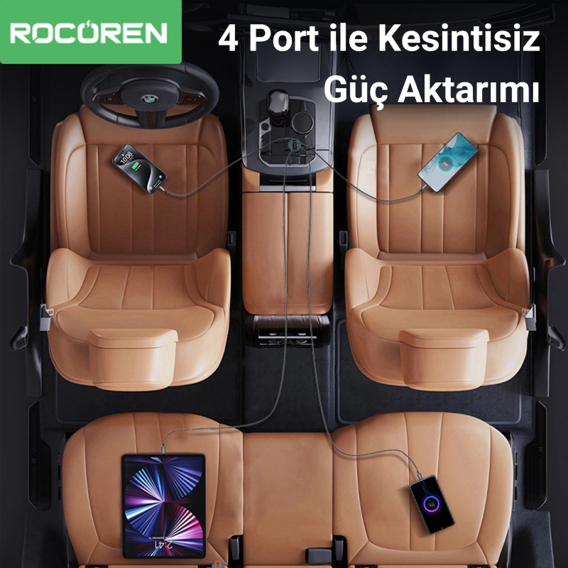 Rocoren 70W 4 Portlu 2*Type-C 2*USB-A LED Işıklı Araç içi Hızlı Şarj Cihazı - 4