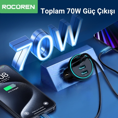Rocoren 70W 4 Portlu 2*Type-C 2*USB-A LED Işıklı Araç içi Hızlı Şarj Cihazı - 5