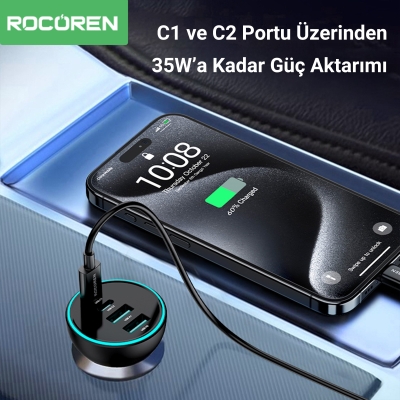 Rocoren 70W 4 Portlu 2*Type-C 2*USB-A LED Işıklı Araç içi Hızlı Şarj Cihazı - 6