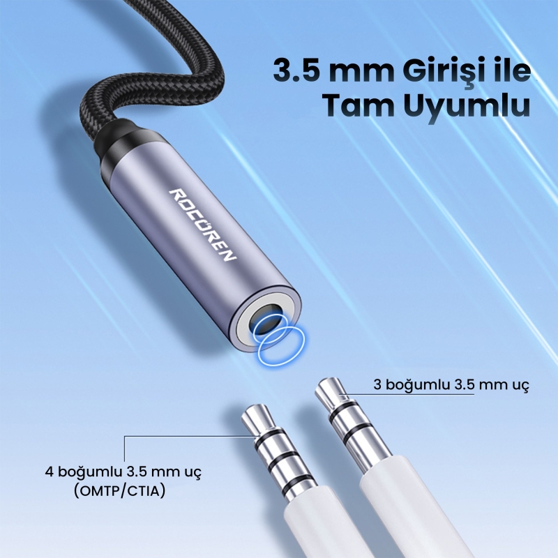 Rocoren DAC Çipli Type-C to 3.5mm Jack Aux Ses Dönüştürücü Çevirici Kablo Adaptör - 3
