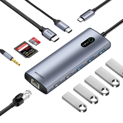 Rocoren 11 Portlu 4K 30Hz HDMI Gigabit Ethernet SD TF Kart Okuyuculu 3.5mm Jack USB Hub Çoklayıcı - Rocoren