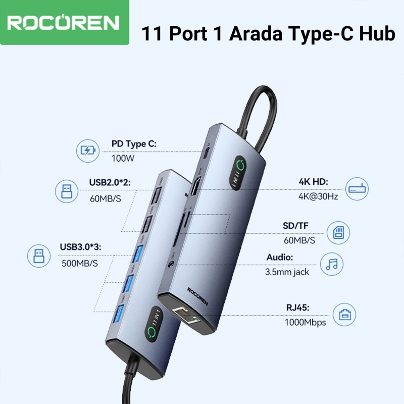 Rocoren 11 Portlu 4K 30Hz HDMI Gigabit Ethernet SD TF Kart Okuyuculu 3.5mm Jack USB Hub Çoklayıcı - 2