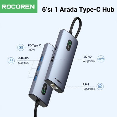 Rocoren 6 Portlu 4K 30Hz Gigabit Ethernet 3*USB3.0 PD 100W Destekli Hub Çoklayıcı - 2