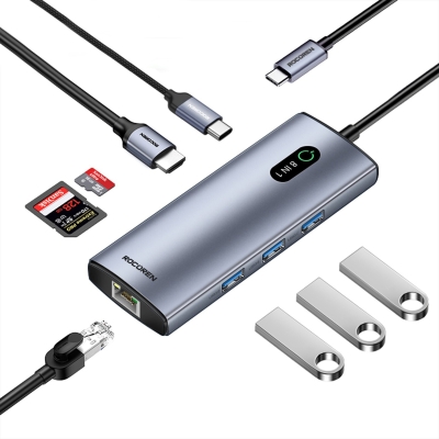 Rocoren 8 Portlu 4K 30Hz Gigabit Ethernet SD TF Kart Okuyuculu 3*USB3.0 PD 100W Destekli Hub Çoklayıcı - Rocoren