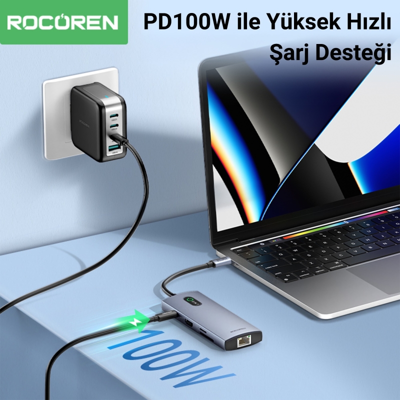 Rocoren 8 Portlu 4K 30Hz Gigabit Ethernet SD TF Kart Okuyuculu 3*USB3.0 PD 100W Destekli Hub Çoklayıcı - 3