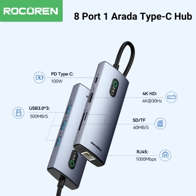 Rocoren 8 Portlu 4K 30Hz Gigabit Ethernet SD TF Kart Okuyuculu 3*USB3.0 PD 100W Destekli Hub Çoklayıcı - 2