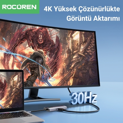 Rocoren 8 Portlu 4K 30Hz Gigabit Ethernet SD TF Kart Okuyuculu 3*USB3.0 PD 100W Destekli Hub Çoklayıcı - 4
