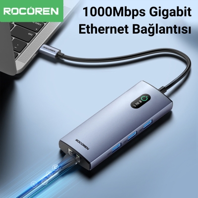 Rocoren 8 Portlu 4K 30Hz Gigabit Ethernet SD TF Kart Okuyuculu 3*USB3.0 PD 100W Destekli Hub Çoklayıcı - 5