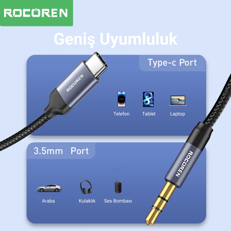 Rocoren Type-C to 3.5mm Jack AUX Hi-Fi DAC Ses Kablosu 50 CM - 3