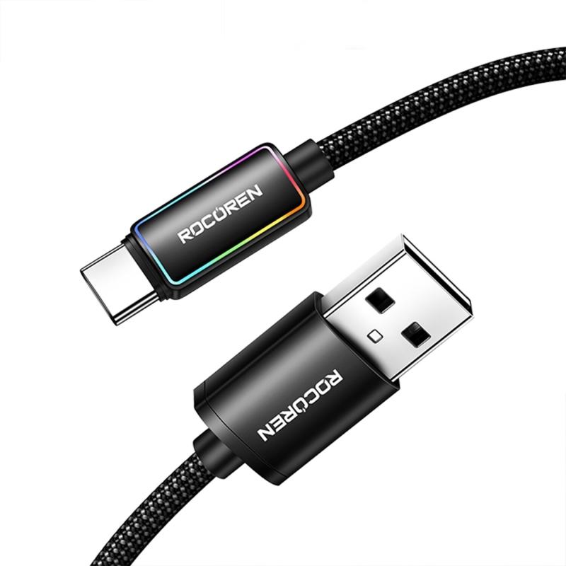 Rocoren Type-C to USB-A RGB Aydınlatmalı 3A Hızlı Şarj ve Data Kablosu 3 Metre - 1