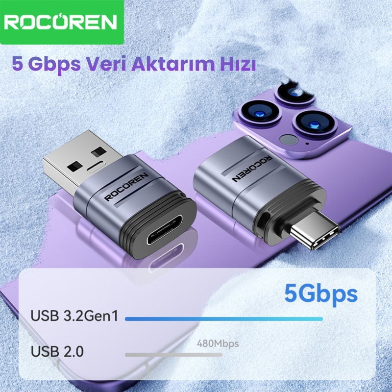 Rocoren USB 3.2 Gen1 Erkek to Type-C Dişi OTG Çevirici Dönüştürücü Adaptör - 3
