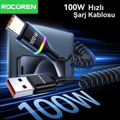 Rocoren 100W 7A Spiral RGB LED Işıklı Spiral Type-C Hızlı Şarj ve Data Kablosu 1.6 Metre - 3