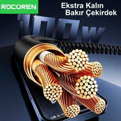 Rocoren 100W 7A Spiral RGB LED Işıklı Spiral Type-C Hızlı Şarj ve Data Kablosu 1.6 Metre - 5