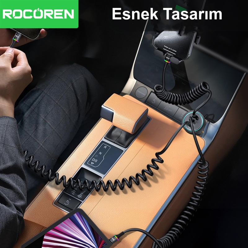 Rocoren 100W 7A Spiral RGB LED Işıklı Spiral Type-C Hızlı Şarj ve Data Kablosu 1.6 Metre - 7