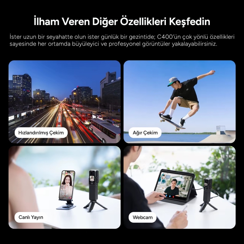 SJCAM C400 Pocket 4K UHD 3'ü 1 Arada Titreşim Engelleme Çift Ekranlı Vlog Aksiyon Kamerası - 6