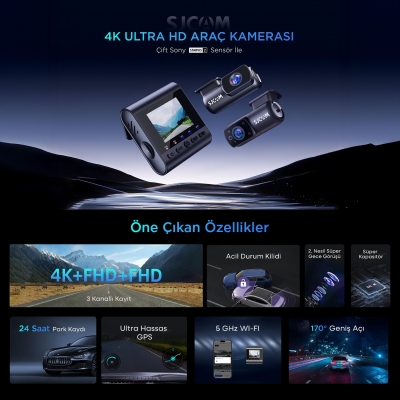 SJCAM M60 3 Kameralı Ön+İç+Arka 4K+FHD+FHD HDR Sony Starvis 2 Sensörlü WiFi GPS'li Araç Kamerası - 2