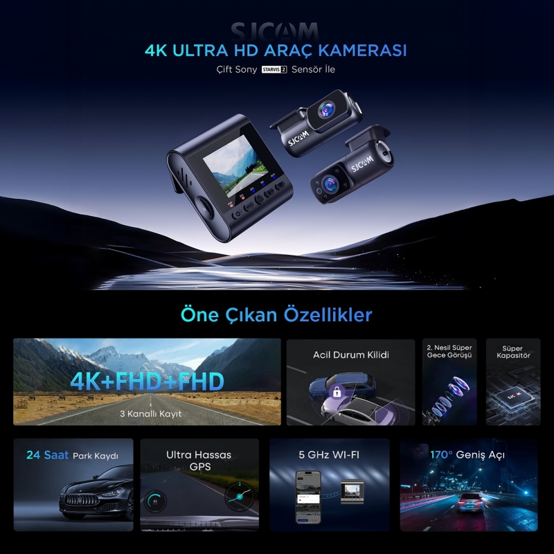 SJCAM M60 3 Kameralı Ön+İç+Arka 4K+FHD+FHD HDR Sony Starvis 2 Sensörlü WiFi GPS'li Araç Kamerası - 2