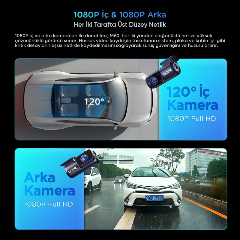 SJCAM M60 3 Kameralı Ön+İç+Arka 4K+FHD+FHD HDR Sony Starvis 2 Sensörlü WiFi GPS'li Araç Kamerası - 6
