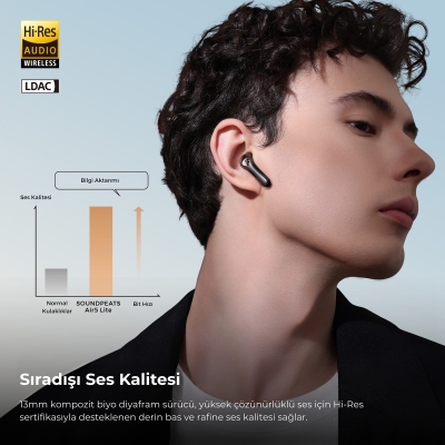 Soundpeats Air5 Lite Hi-Res LDAC ENC TWS Kablosuz Bluetooth 5.4 Kulaklık Siyah - 4
