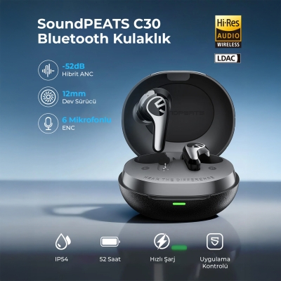 Soundpeats C30 Hybrid ANC Hi-Res LDAC TWS Bluetooth 6.0 Kablosuz Kulak içi Kulaklık Siyah - 3