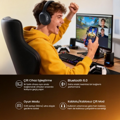 Soundpeats Cove Pro Hi-Res LDAC Bluetooth 6.0 Kablosuz Kulak Üstü Kulaklık Siyah - 6