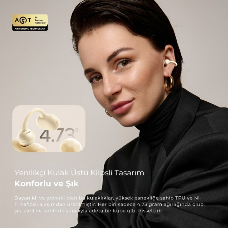 Soundpeats POP Clip Open-Ear ENC OWS Bluetooth 5.4 Kablosuz Kulaklık Bej - 3