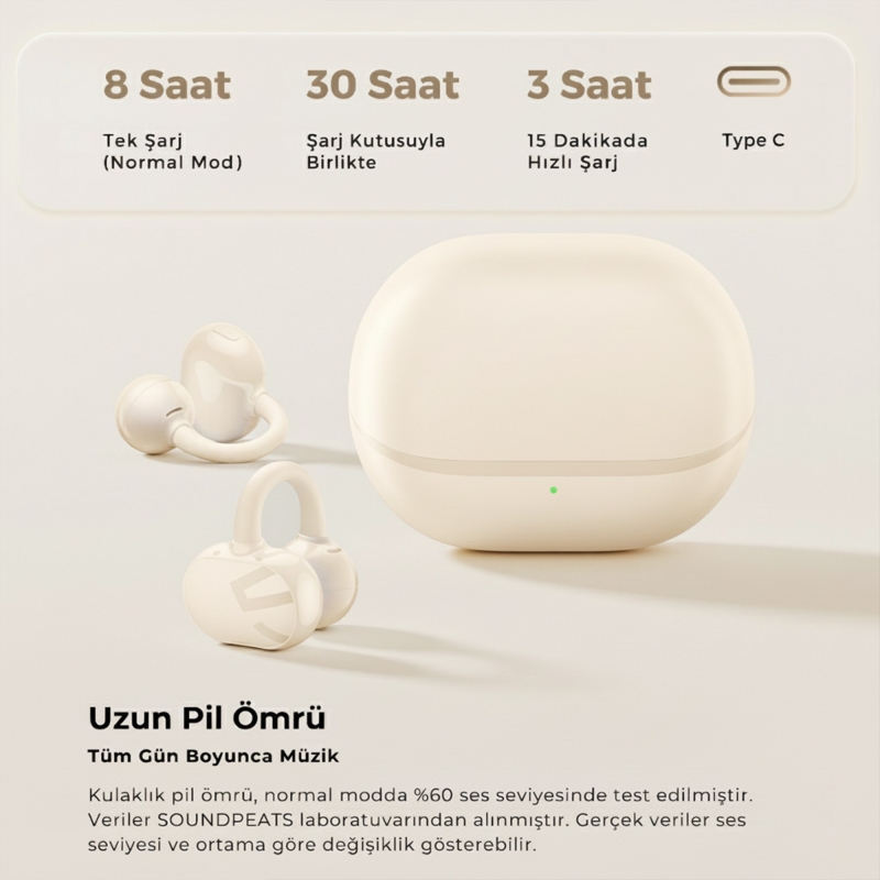 Soundpeats POP Clip Open-Ear ENC OWS Bluetooth 5.4 Kablosuz Kulaklık Bej - 4