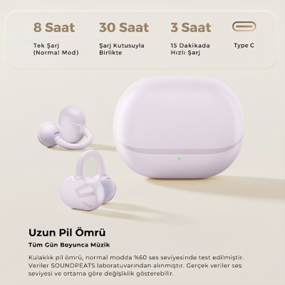 Soundpeats POP Clip Open-Ear ENC OWS Bluetooth 5.4 Kablosuz Kulaklık Mor - 4