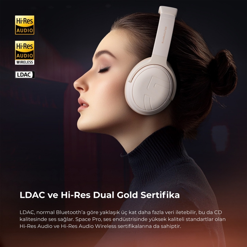 Soundpeats Space Pro Hi-Res LDAC Bluetooth 5.4 TWS Kablosuz Kulak üstü Kulaklık Bej - 7