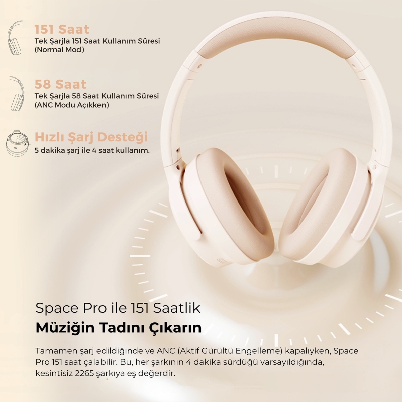 Soundpeats Space Pro Hi-Res LDAC Bluetooth 5.4 TWS Kablosuz Kulak üstü Kulaklık Bej - 10