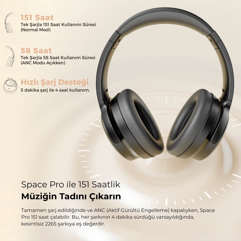 Soundpeats Space Pro Hi-Res LDAC Bluetooth 5.4 TWS Kablosuz Kulak üstü Kulaklık Siyah - 10