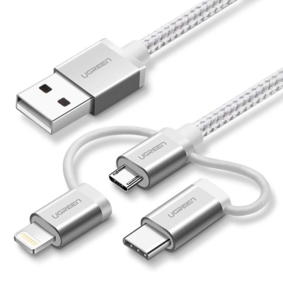Ugreen 3 in 1 iOS Lightning Type-C Micro USB Şarj ve Data Kablosu Silver - Ugreen