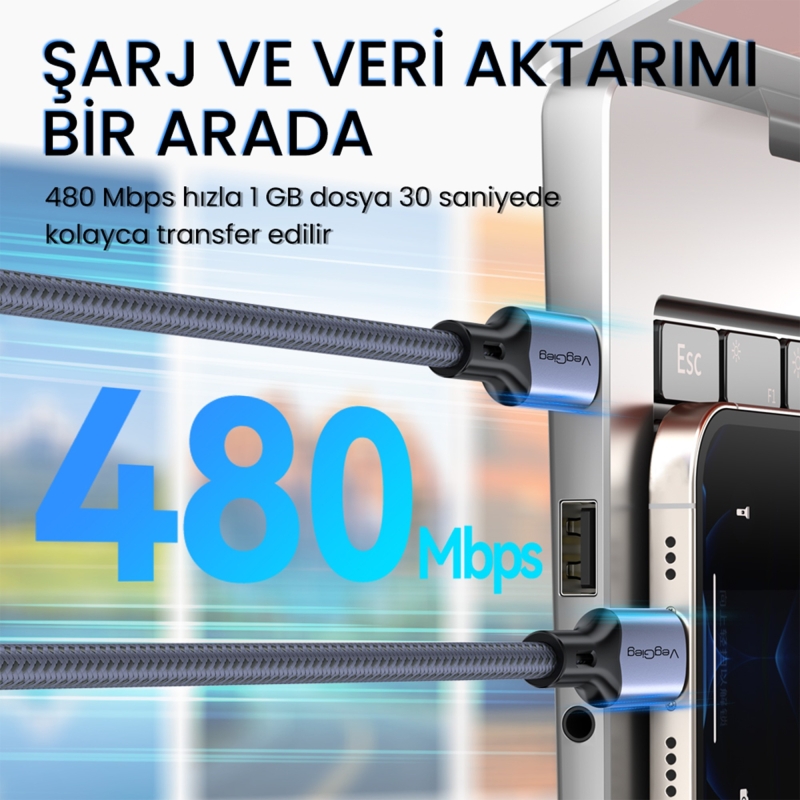 VegGieg 100W 5A E-Mark Çipli PD Type-C to Type-C Hızlı Şarj ve Data Kablosu 1.2 Metre - 3