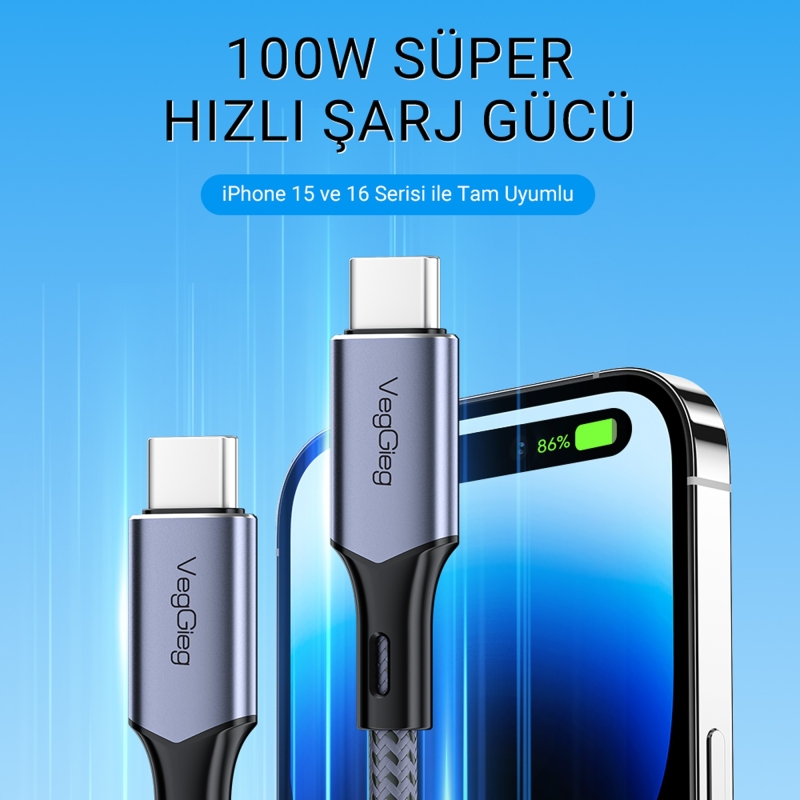 Veggieg 100W 5A E-Mark Çipli PD Type-C to Type-C Hızlı Şarj ve Data Kablosu 1.2 Metre - 2