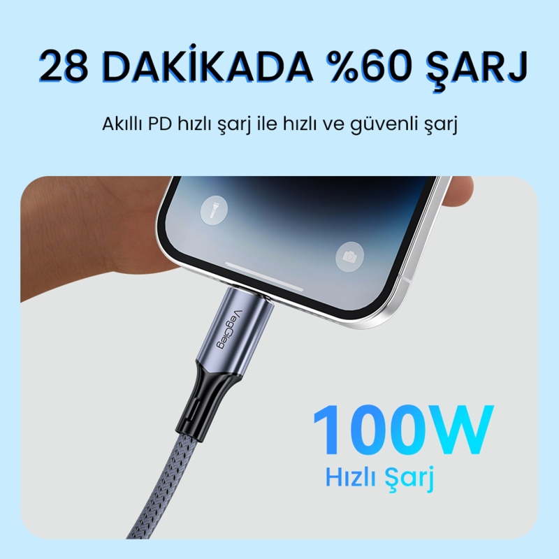 VegGieg 100W 5A E-Mark Çipli PD Type-C to Type-C Hızlı Şarj ve Data Kablosu 2 Metre - 6