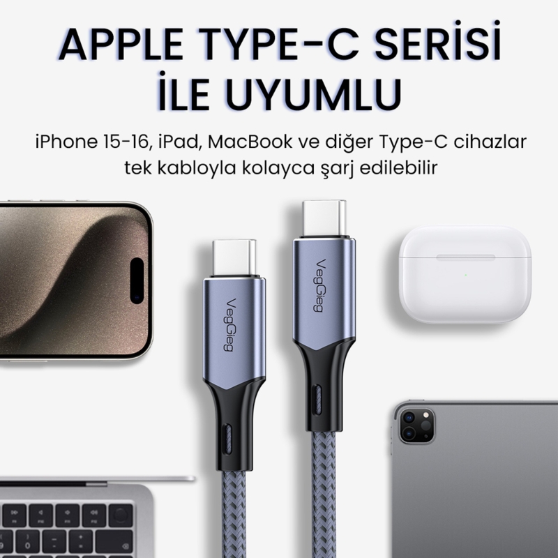 VegGieg 100W 5A E-Mark Çipli PD Type-C to Type-C Hızlı Şarj ve Data Kablosu 2 Metre - 4