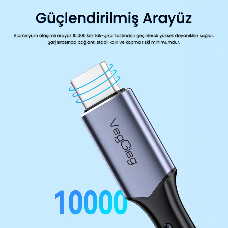 VegGieg 100W 5A E-Mark Çipli PD Type-C to Type-C Hızlı Şarj ve Data Kablosu 2 Metre - 7
